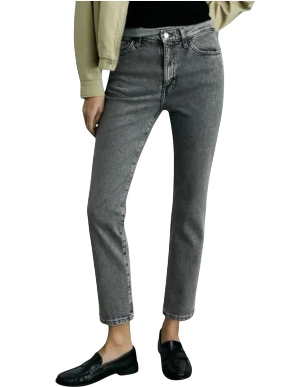MNG Claudia High Rise Straight Ankle Jeans 8 Gray Acid Wash